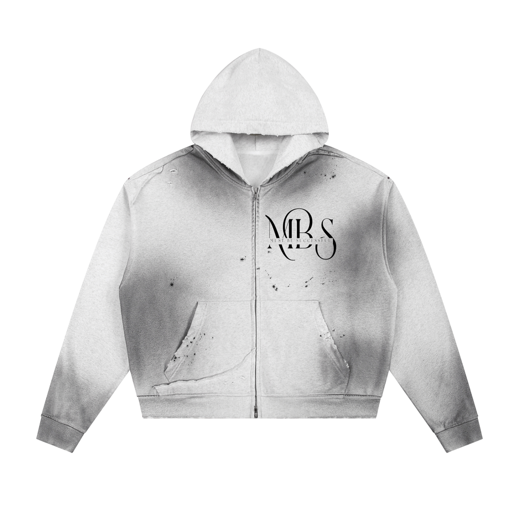 Sun Fade Frayed Raw Edge Fleece Zip Hoodie